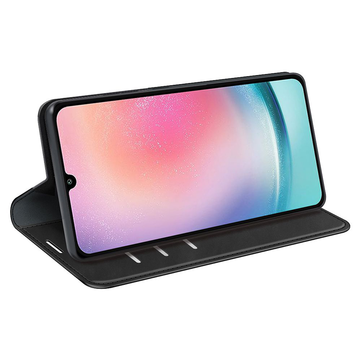 Zwarte telefoonhoes, open, met een telefoon erin.