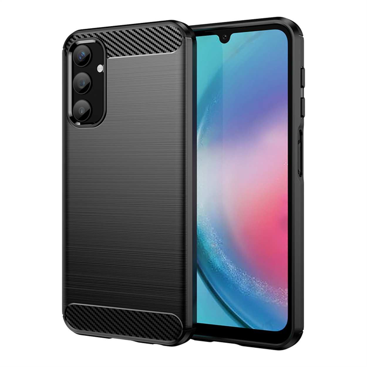 Étui de téléphone noir avec un téléphone à l'intérieur. L'étui a un design texturé avec trois trous pour la caméra.