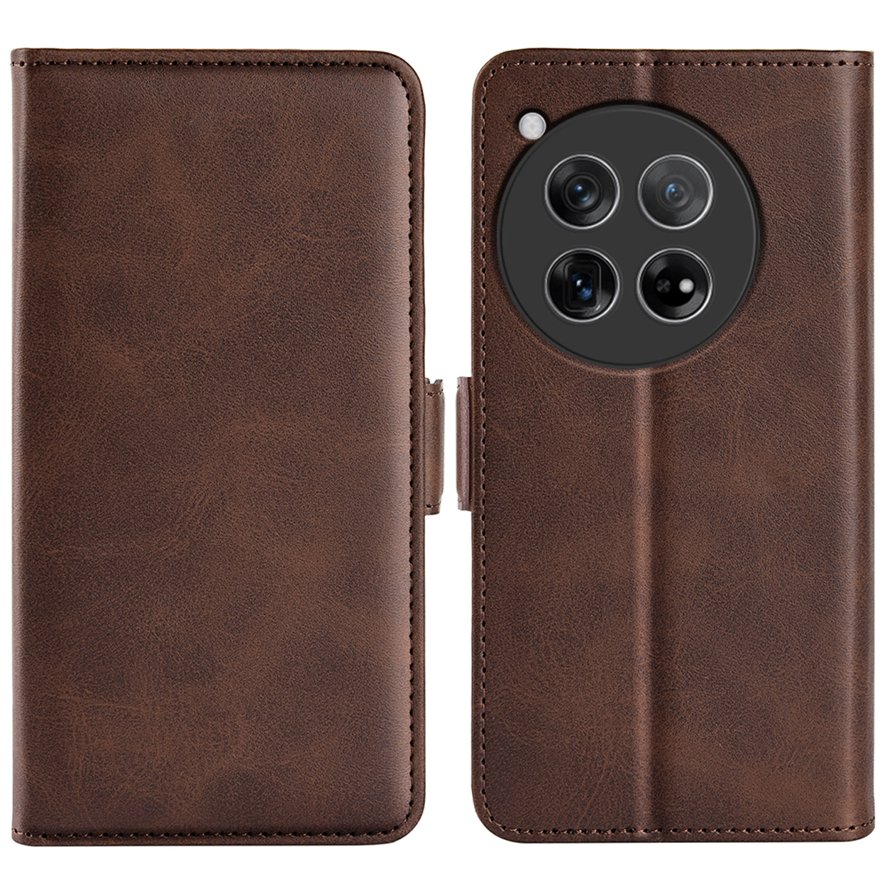 Bruine leren telefoonhoes, open en dicht. Toont camera-uitsparing en sluiting.