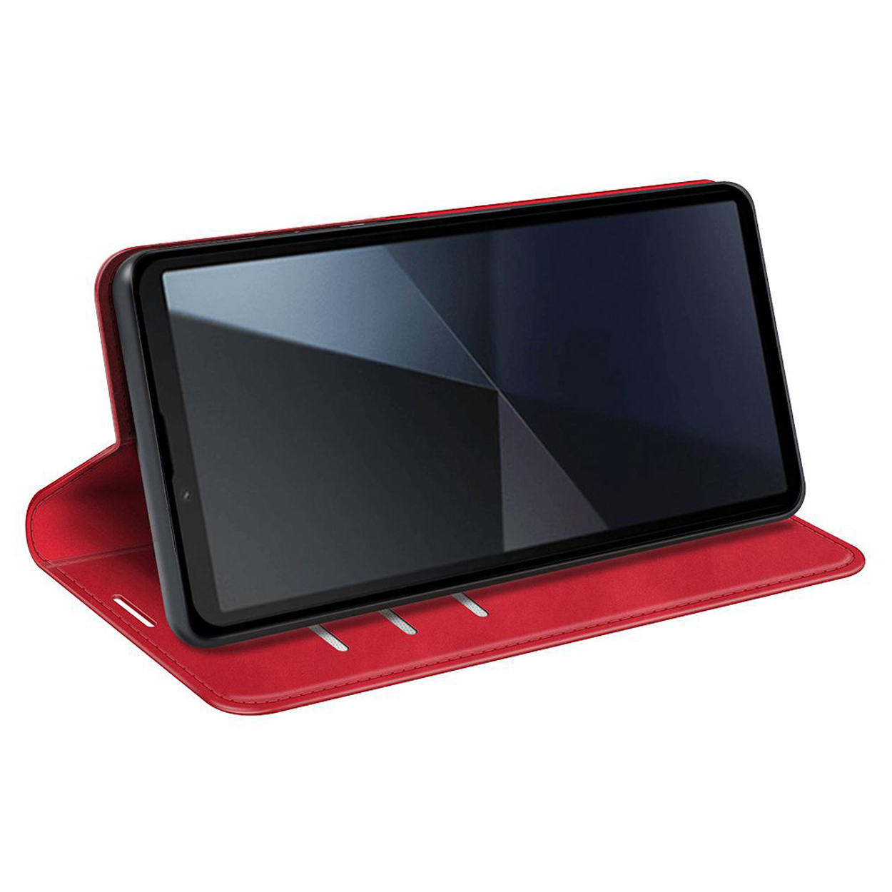Rode tablethoes met een tablet erin. De tablet staat in een standpositie.