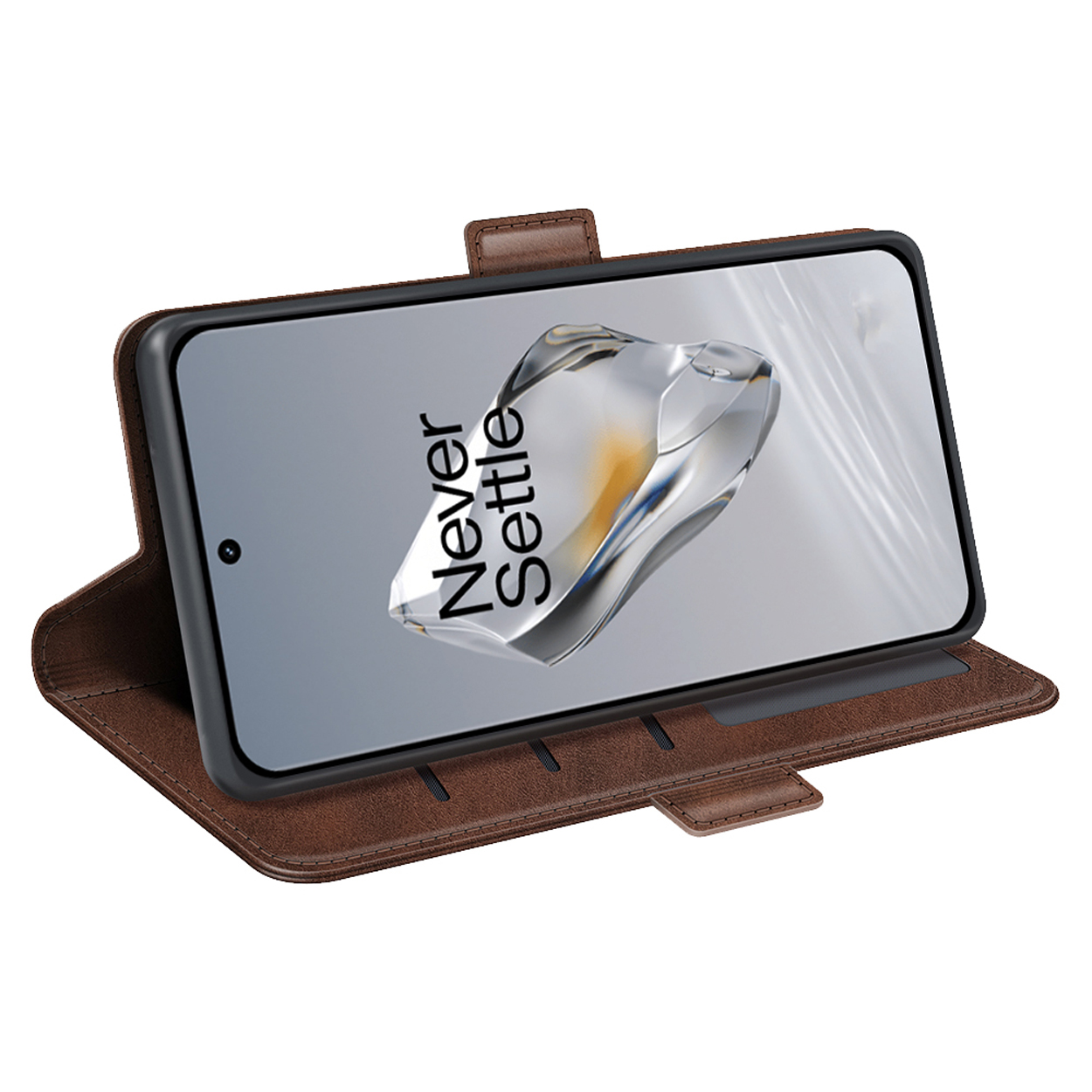 Bruine telefoonhoes open met een telefoon erin. Het scherm toont een afbeelding.