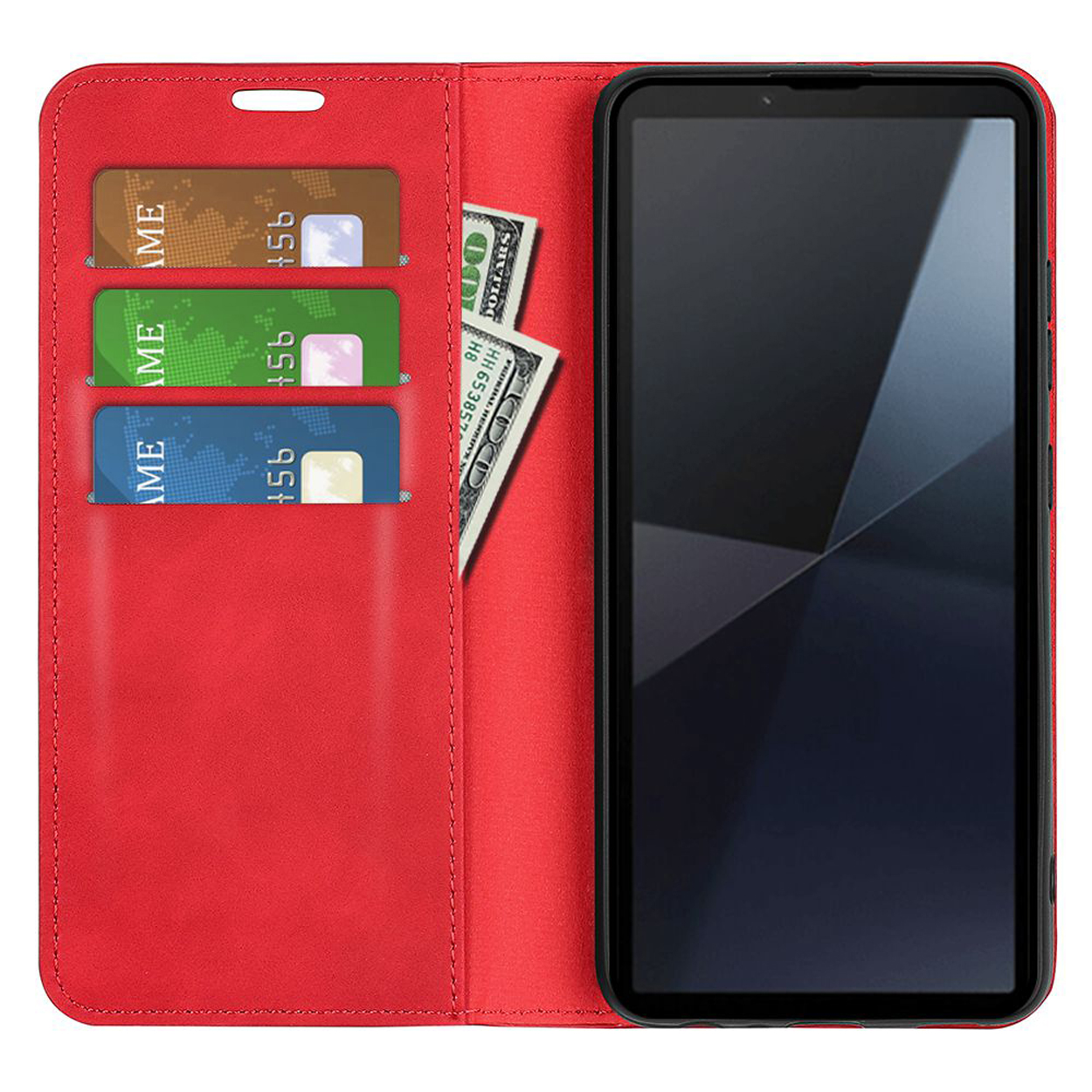 Rode telefoonhoes, open, met telefoon, creditcards en geld op een witte achtergrond.