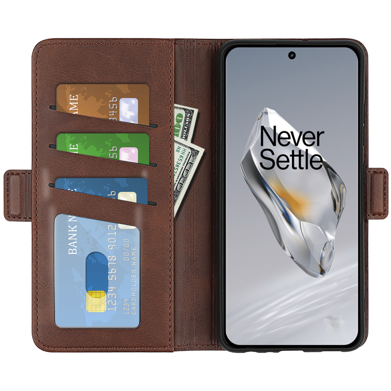 Bruine telefoonhoes met kaarten, geld en een telefoon die 'Never Settle' toont.