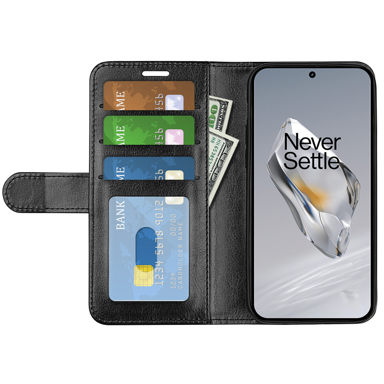 Een zwarte leren telefoonhoes. Binnenin kaarten en een telefoon met een ontwerp met 'Never Settle'.