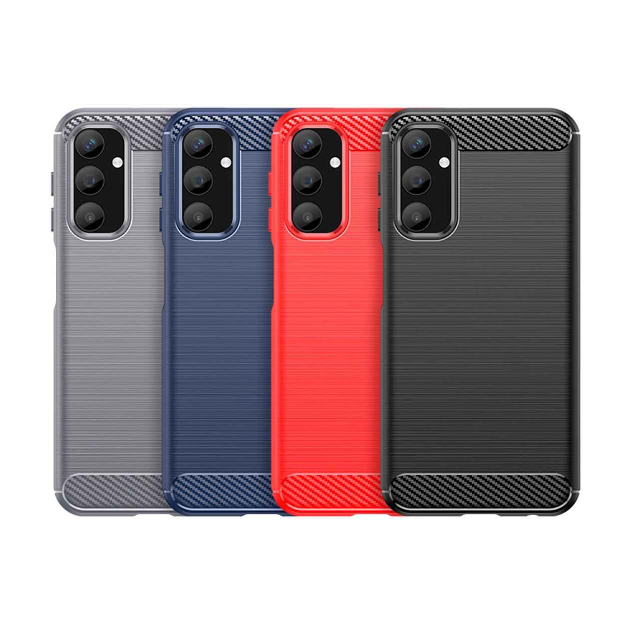 Quatre coques de téléphone de différentes couleurs : gris, bleu, rouge et noir, avec un motif en fibre de carbone.