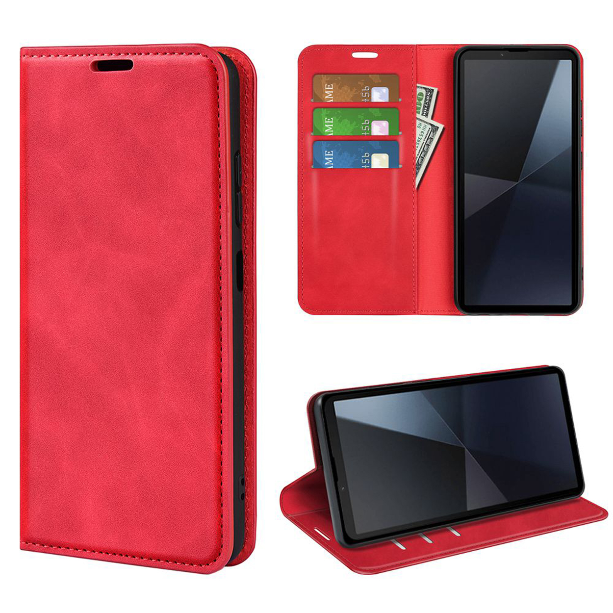 Rood telefoonhoesje met kaarten en geld, weergegeven in meerdere weergaven.