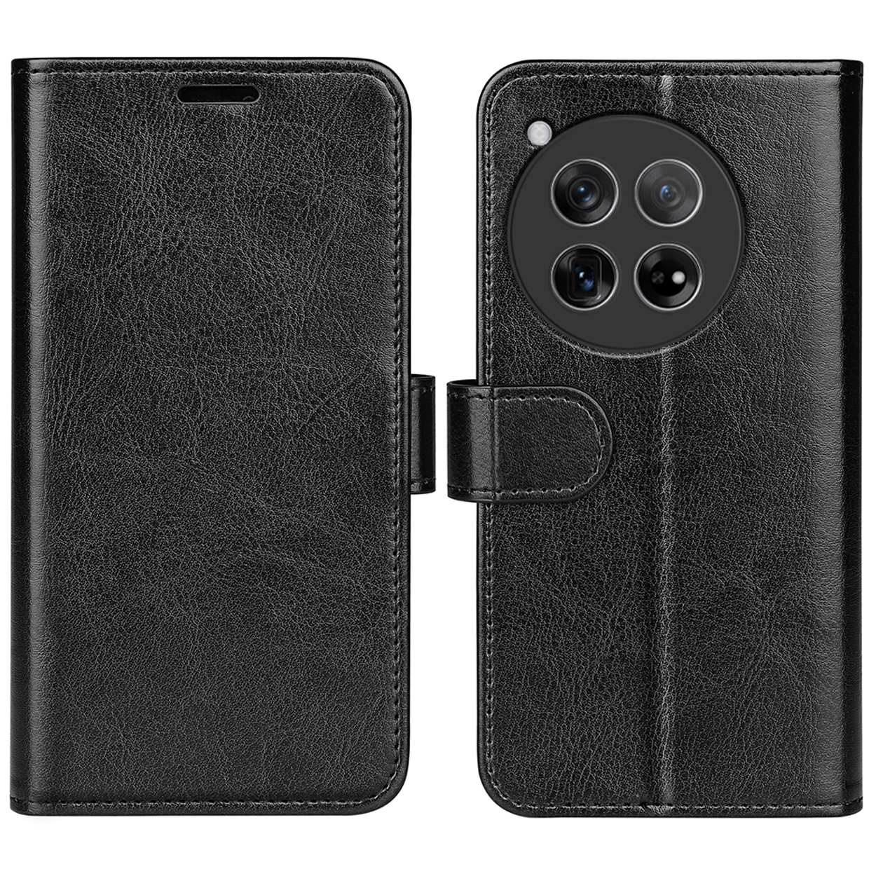 Zwarte leren telefoonhoes, gesloten en open. De camera van de telefoon is zichtbaar. Met magnetische sluiting.