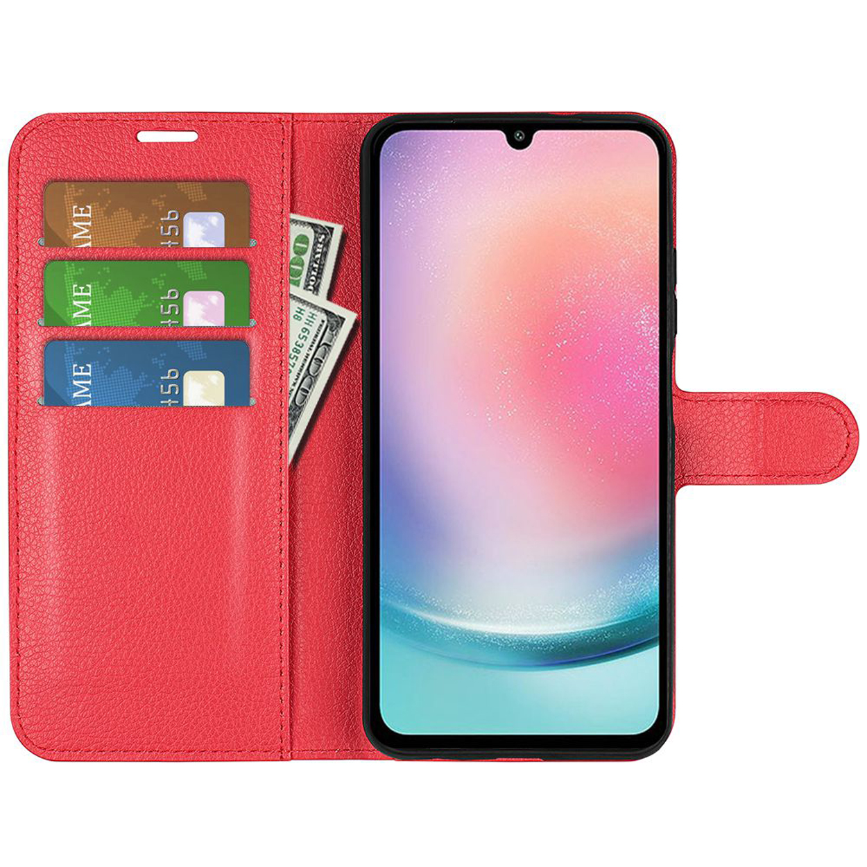Rode telefoonhoes open, met kaarten en geld erin.
