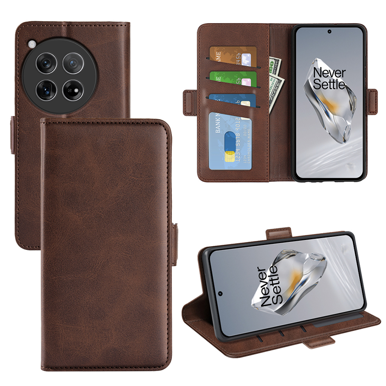 Bruine telefoonhoes met telefoon en kaarten erin. Telefoon toont 'Never Settle'.