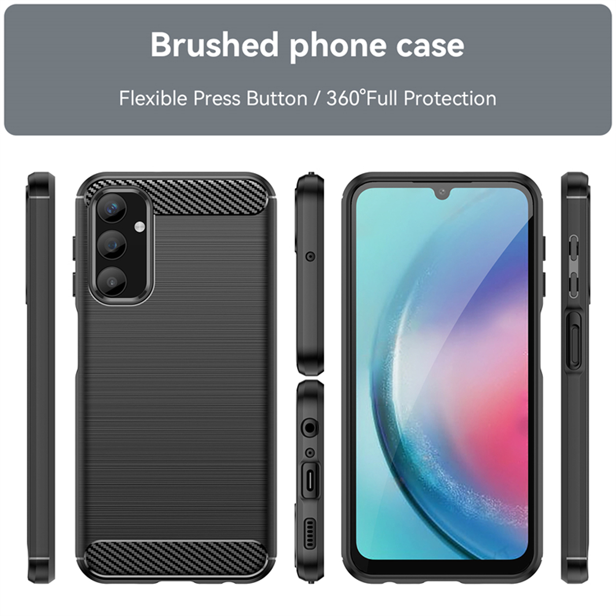 Étui de téléphone noir, montrant plusieurs côtés, avec un dos texturé et un écran de téléphone visible.