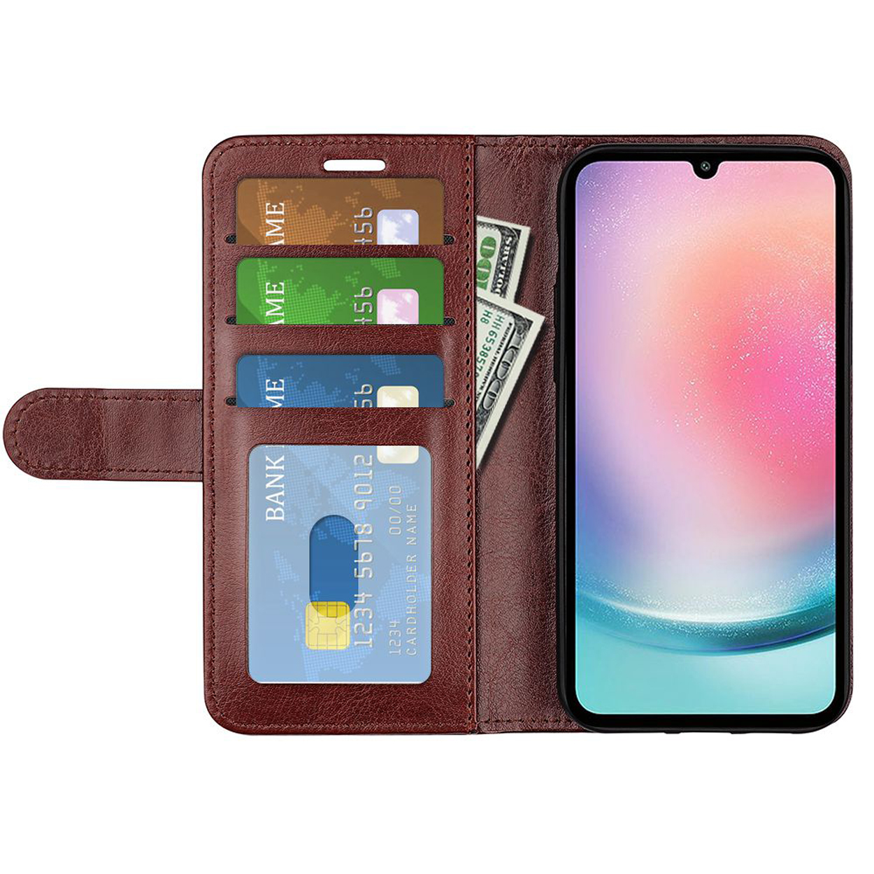 Bruine telefoonhoes, open, met telefoon, creditcards en geld op een witte achtergrond.