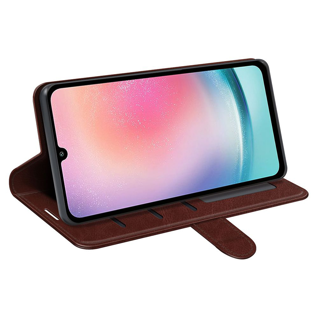 Bruine leren telefoonhoes met een telefoon erin. Het telefoonscherm toont een abstracte afbeelding.