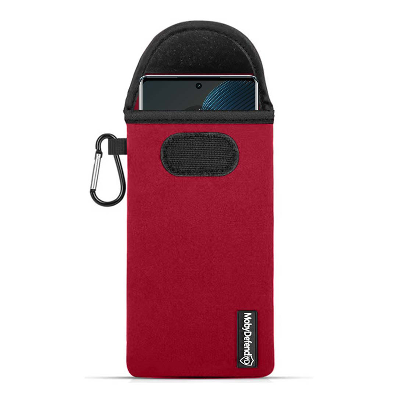 Coque de téléphone rouge avec une pochette de téléphone noire et un mousqueton. La coque est rouge.