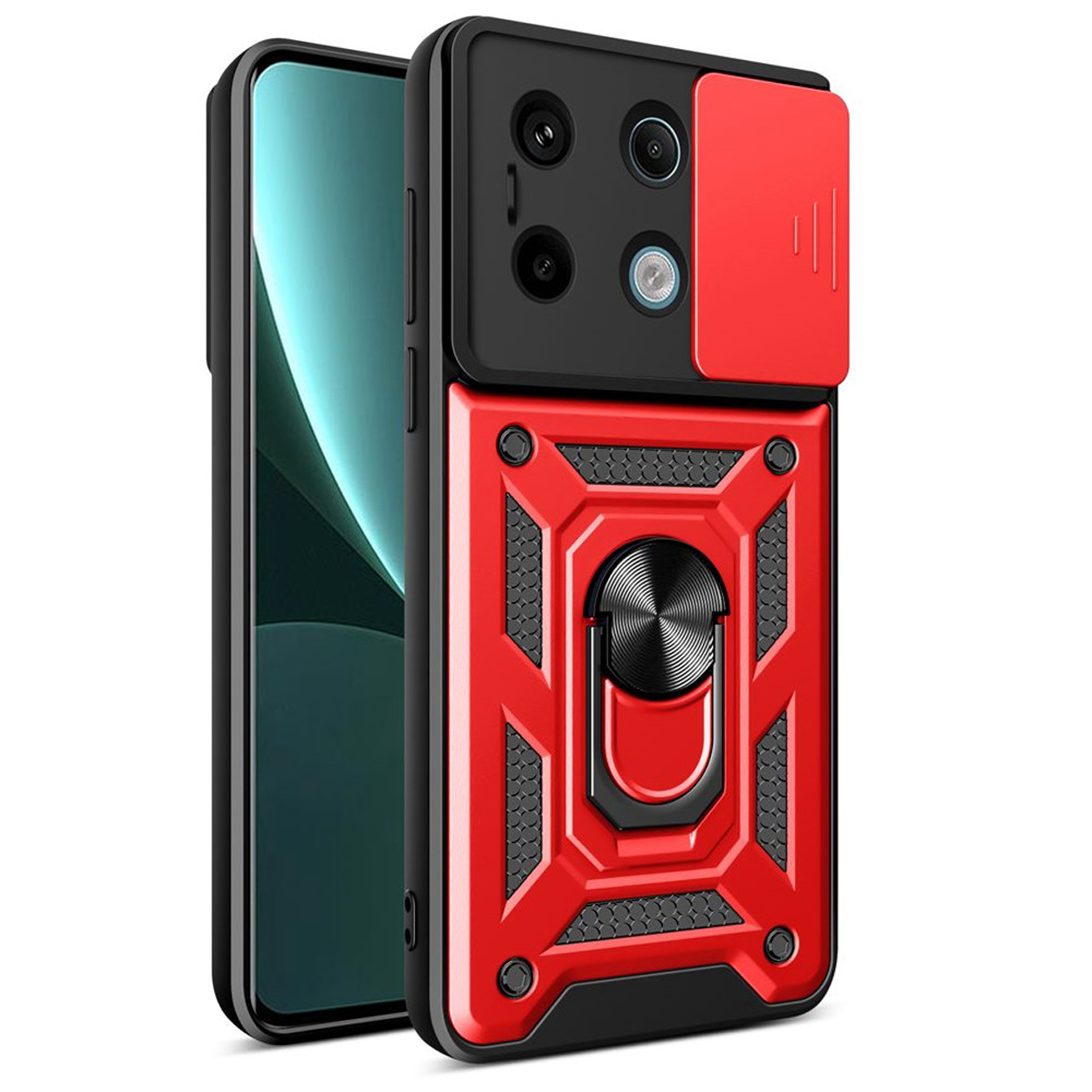 Rode en zwarte telefoonhoes, met een cameralensafdekking en ringhouder. Telefoon binnenin.