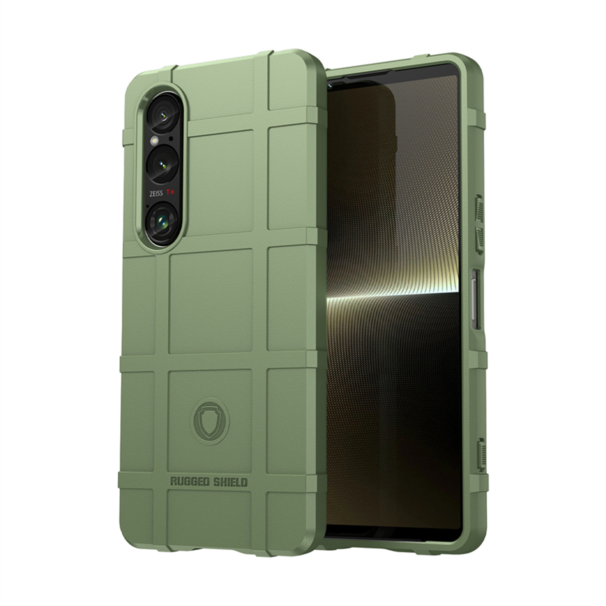 Groene telefoonhoes met robuust ontwerp. Telefoon zichtbaar. Logo op de hoes.
