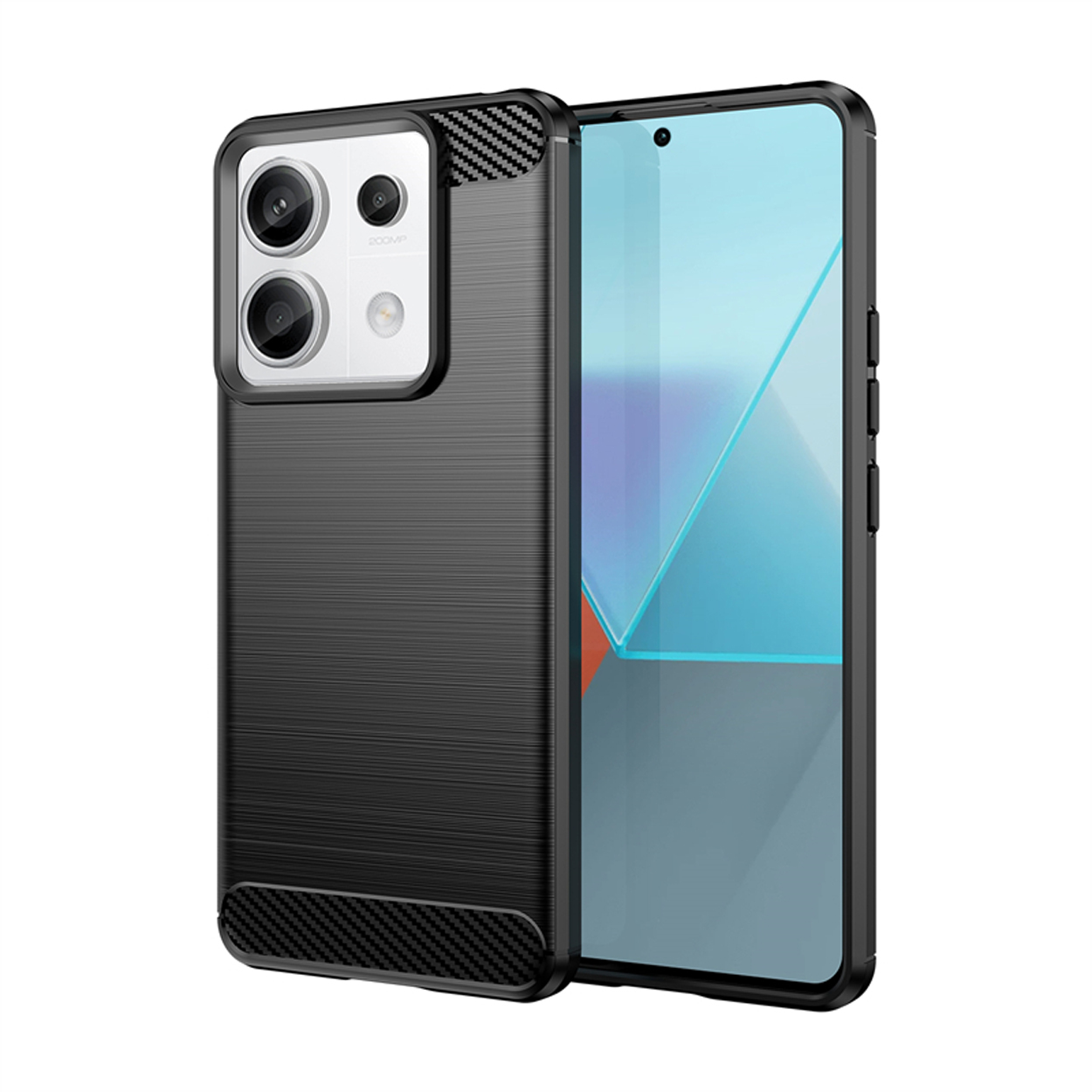 Coque de téléphone noire avec dos texturé, doubles caméras et écran de téléphone visible.