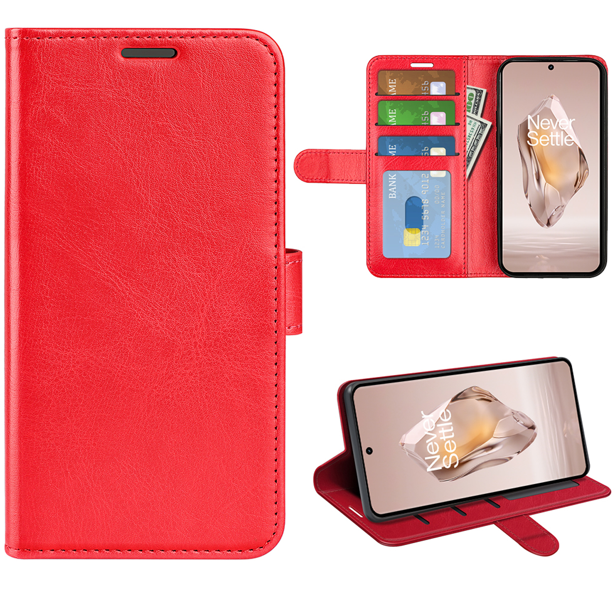 Coque de téléphone en cuir rouge, ouverte. Montrant cartes et argent. Avec un téléphone logo Never Settle.