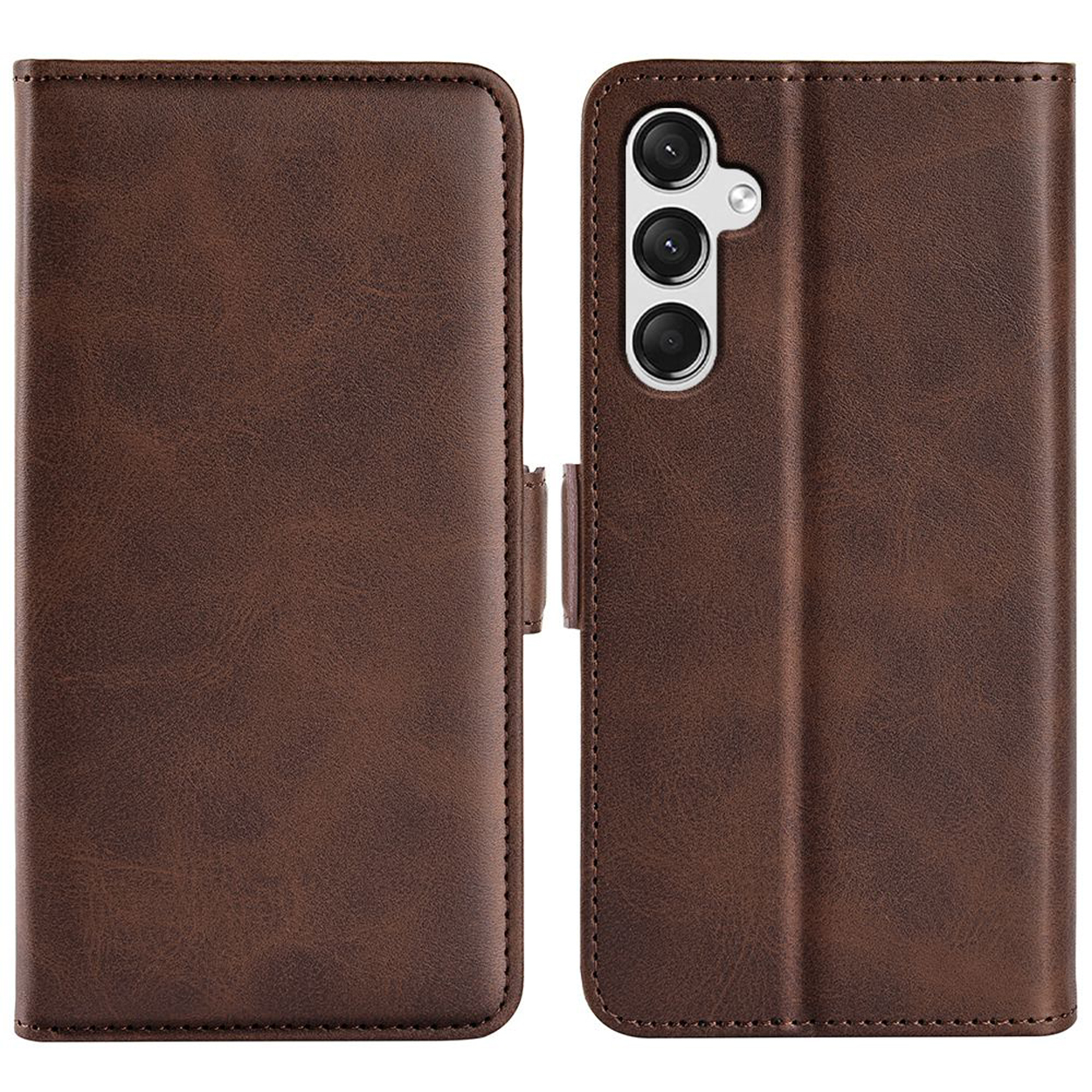 Étui de téléphone en cuir marron. Ouvert, montrant le téléphone et la découpe de la caméra. Fermé, avec une fermeture magnétique.