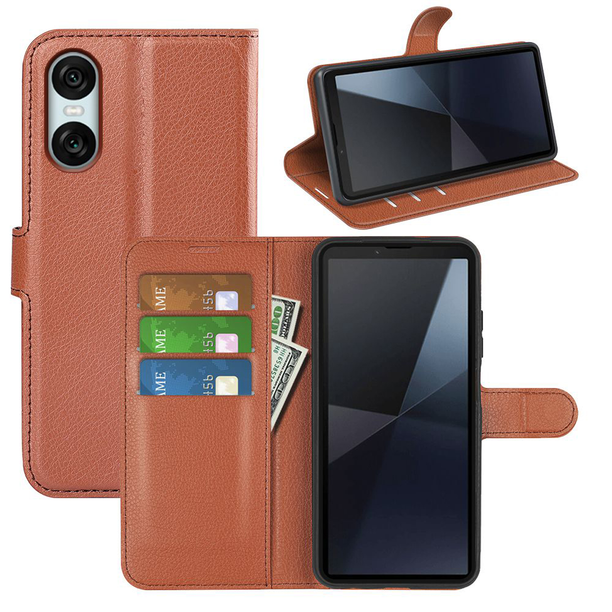 Bruine leren telefoonhoes, open, met telefoon, creditcards en contant geld zichtbaar.