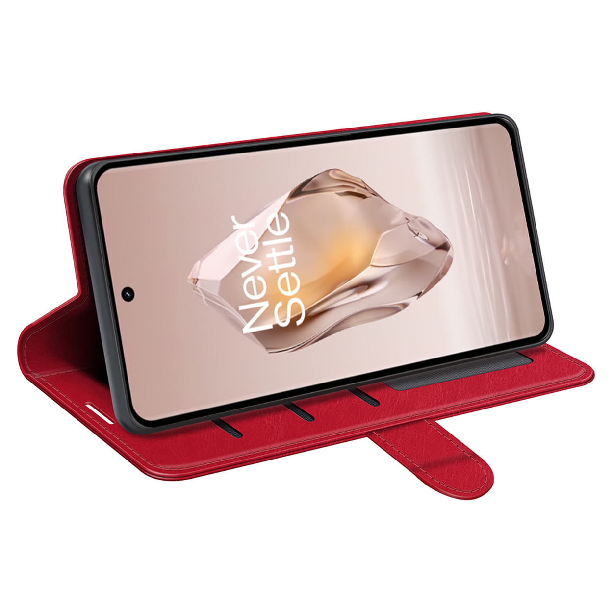 Étui de téléphone rouge avec texte 'Never Settle' affiché.