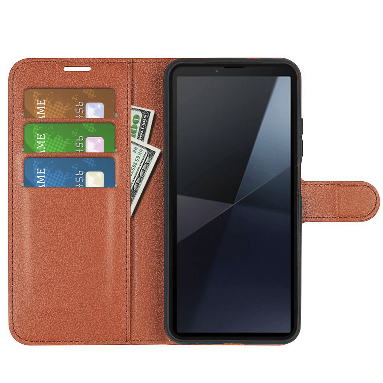 Bruine telefoonhoes met kaarten, geld en een telefoon met zwart scherm.