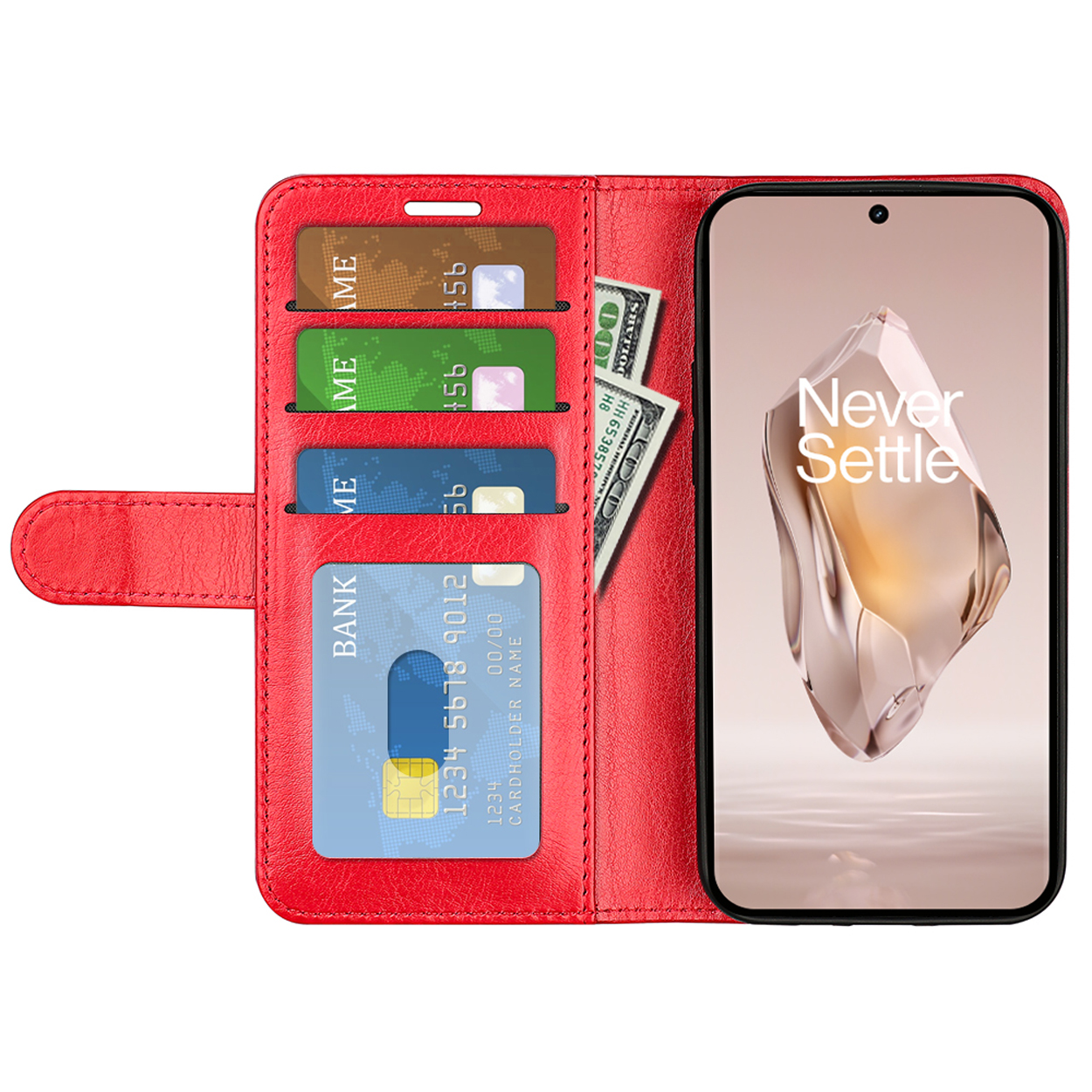 Étui de téléphone rouge avec cartes, argent et un téléphone avec le logo Never Settle.