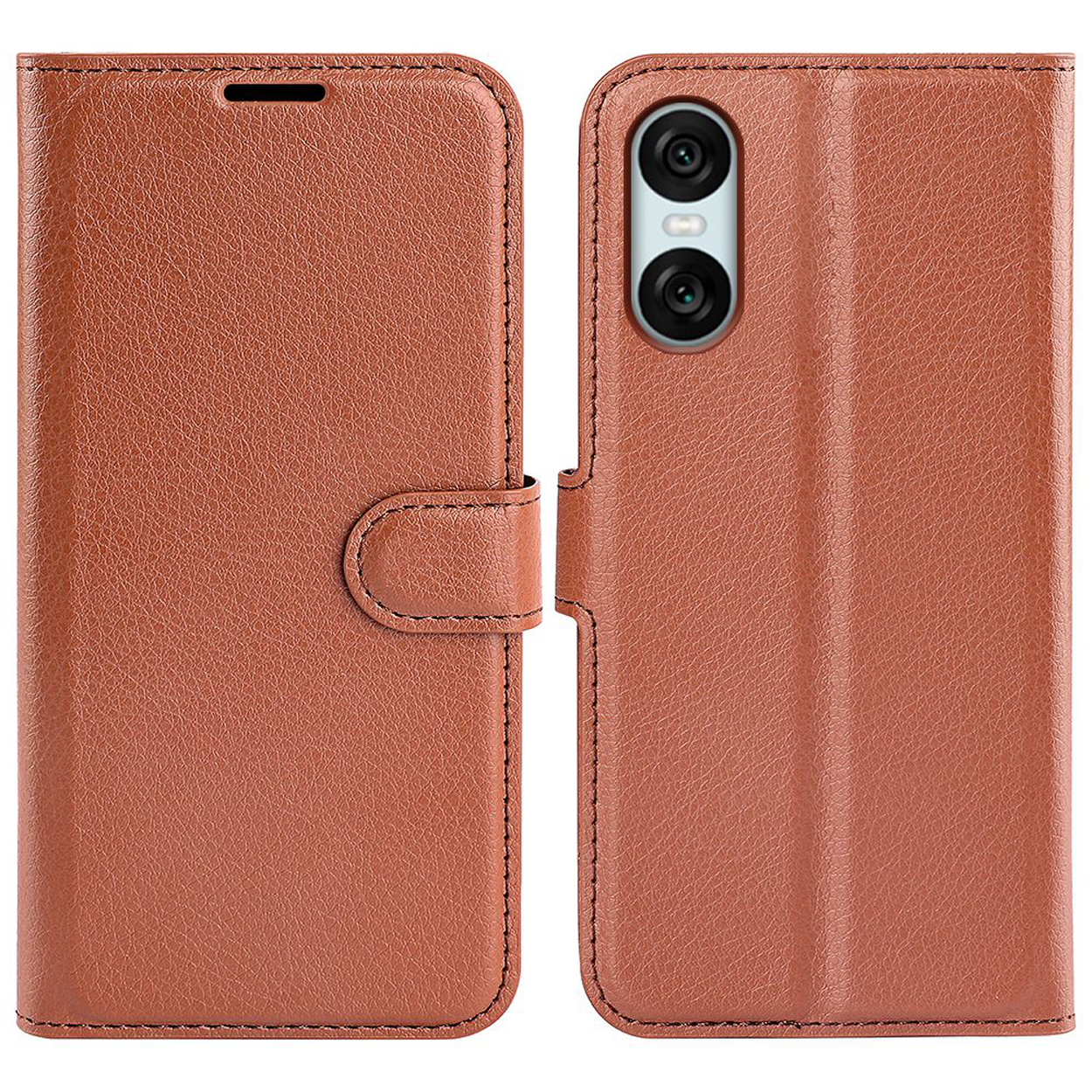 Bruine leren telefoonhoes, open en dicht, met knoopsluiting. De achterkant heeft camera gaten.