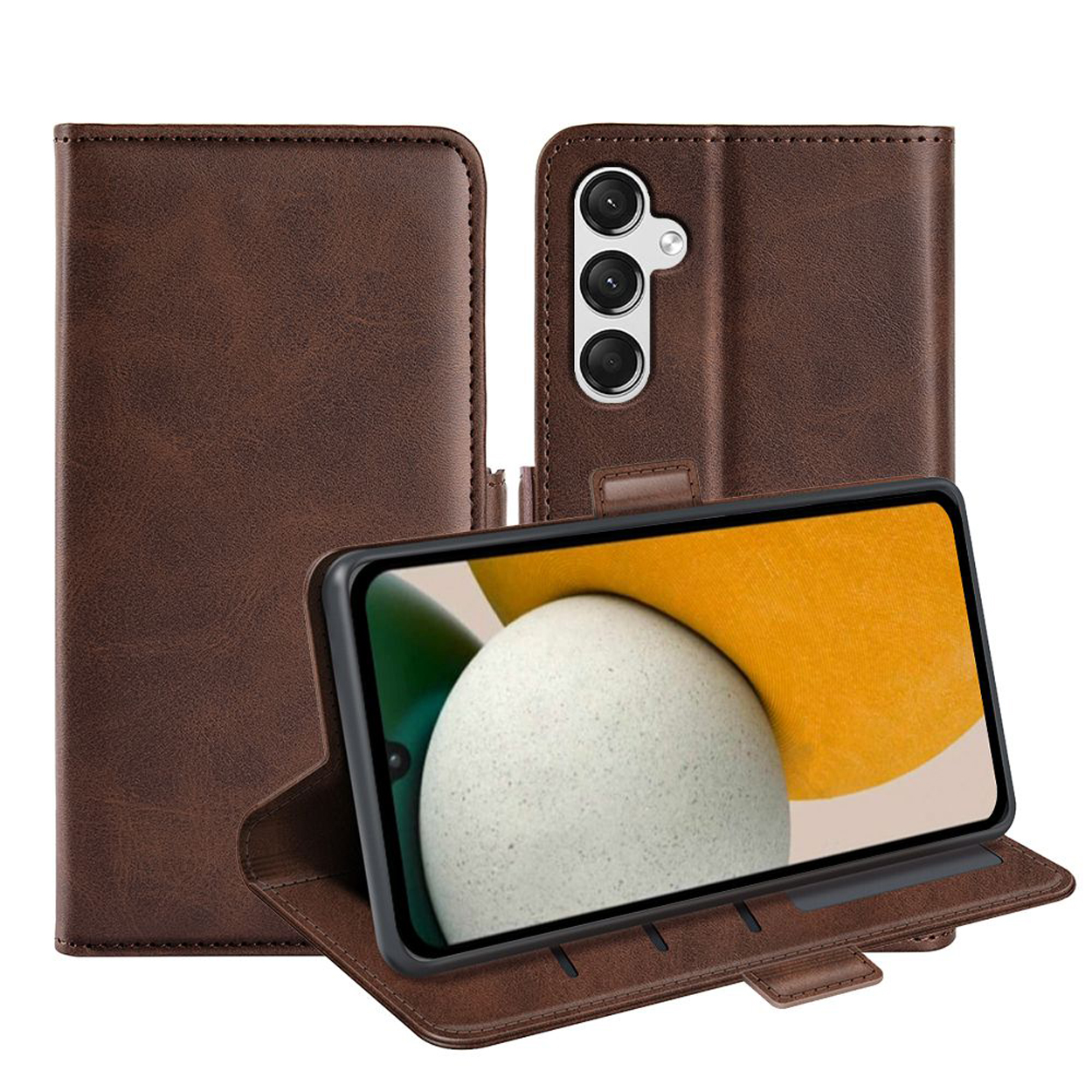 Étui de téléphone marron, téléphone à l'intérieur, ouvert. Le téléphone affiche une image colorée. Caméra visible.