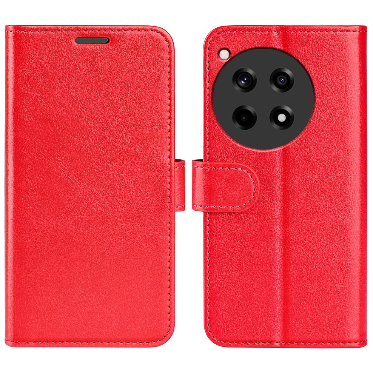 Coque de téléphone rouge ouverte. Le téléphone n'est pas visible. Montre l'extérieur.