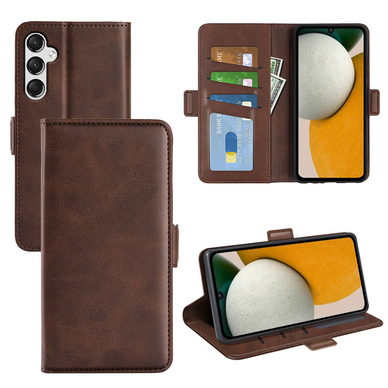 Étui de téléphone en cuir marron avec cartes, argent et téléphone. Vues multiples, montrant l'étui ouvert et fermé.