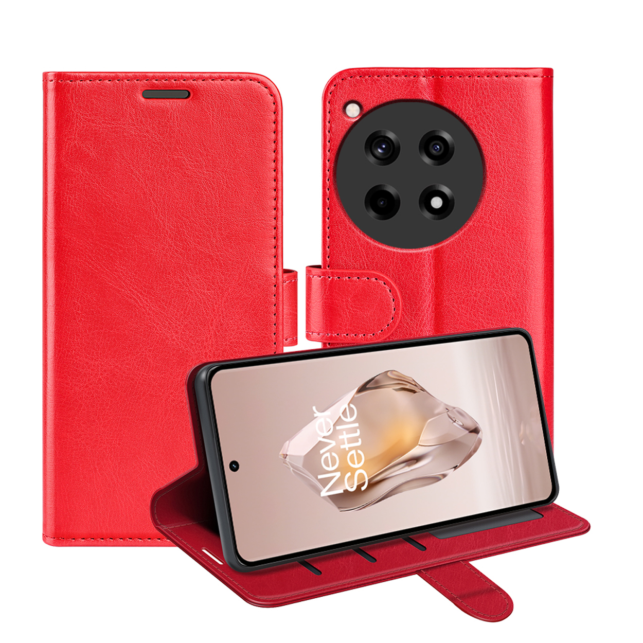 Étui de téléphone rouge avec téléphone. Ouvert, avec le texte 'Never Settle'.