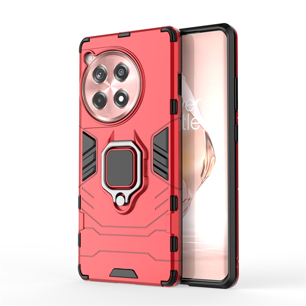 Étui de téléphone rouge, avec un support de bague et un cache caméra, montrant un téléphone à l'intérieur.