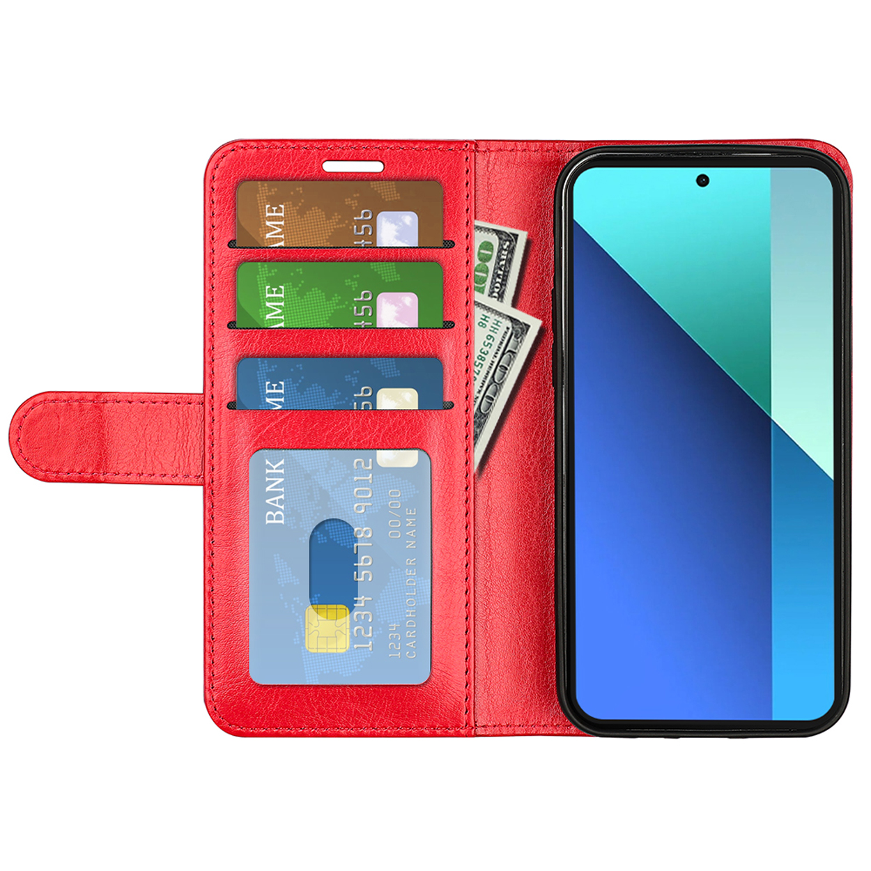 Rode telefoonhoes, open, met kaarten en geld. Telefoon in houder, zwart frame met blauw scherm.