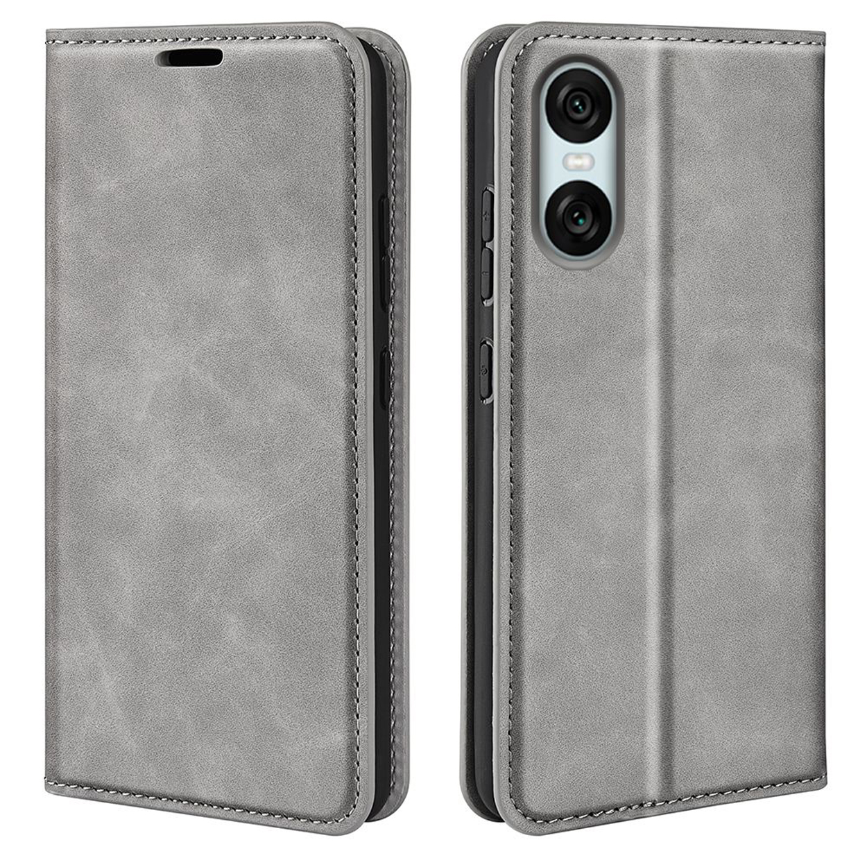 Coque de téléphone grise ouverte, révélant un téléphone. Vue latérale de la coque.