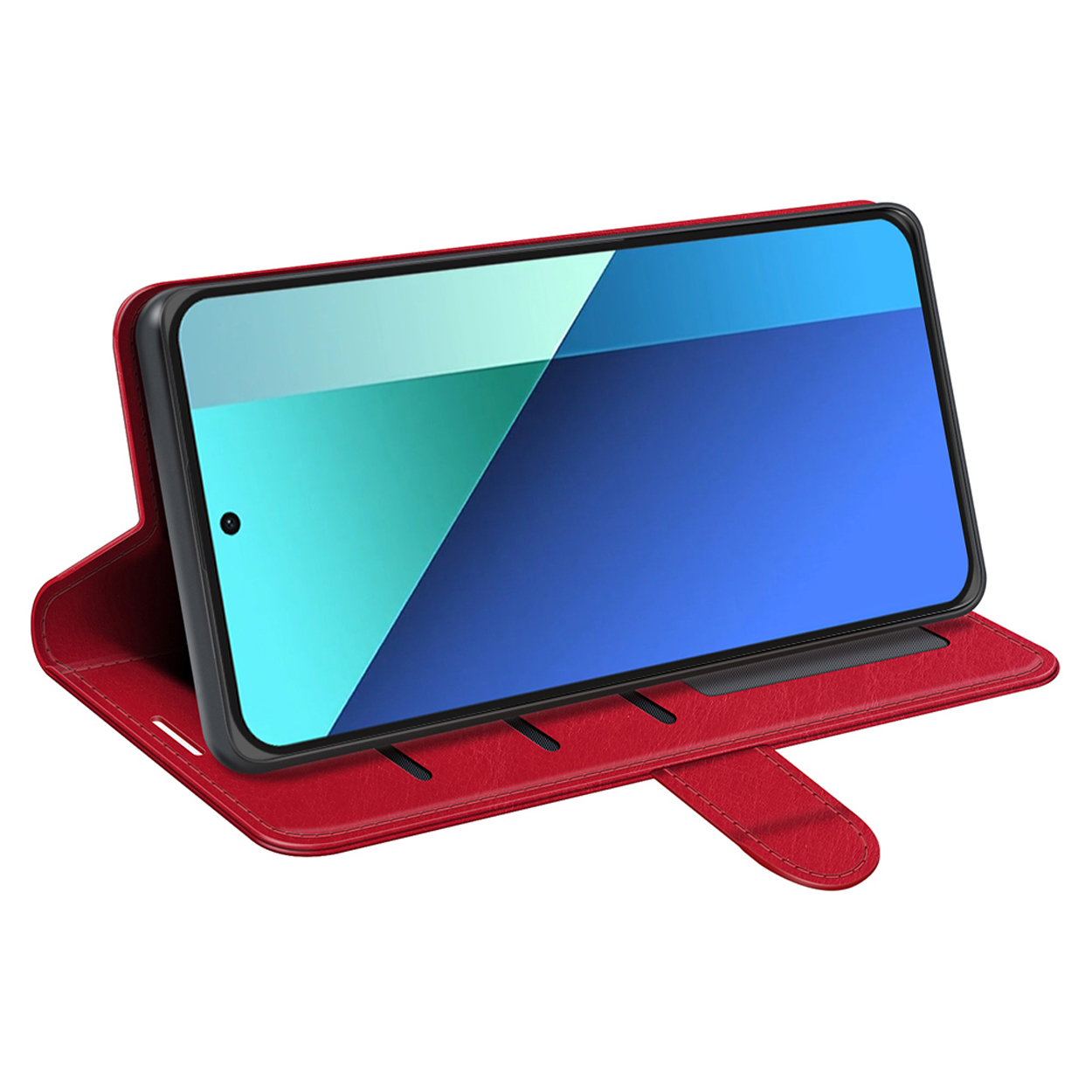 Open rode telefoonhoes met telefoon. Het scherm toont een blauw-groene gradiënt.