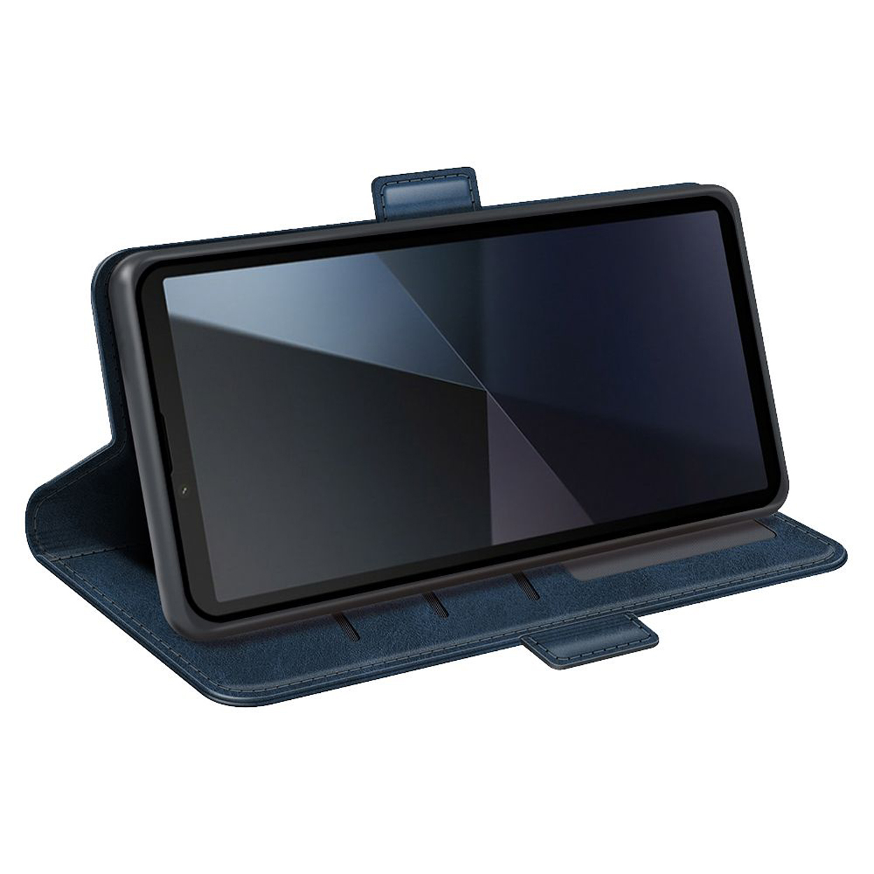 Blauwe leren telefoonhoes met een telefoon erin. Het telefoonscherm is donkerblauw.