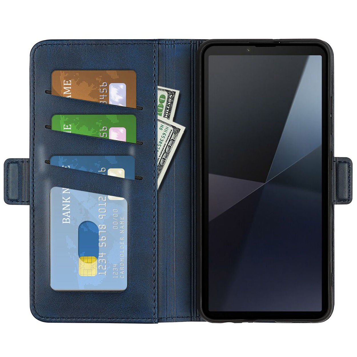 Blauwe telefoonhoes open, met kaarten, contant geld en telefoon. Telefoonscherm is donker.