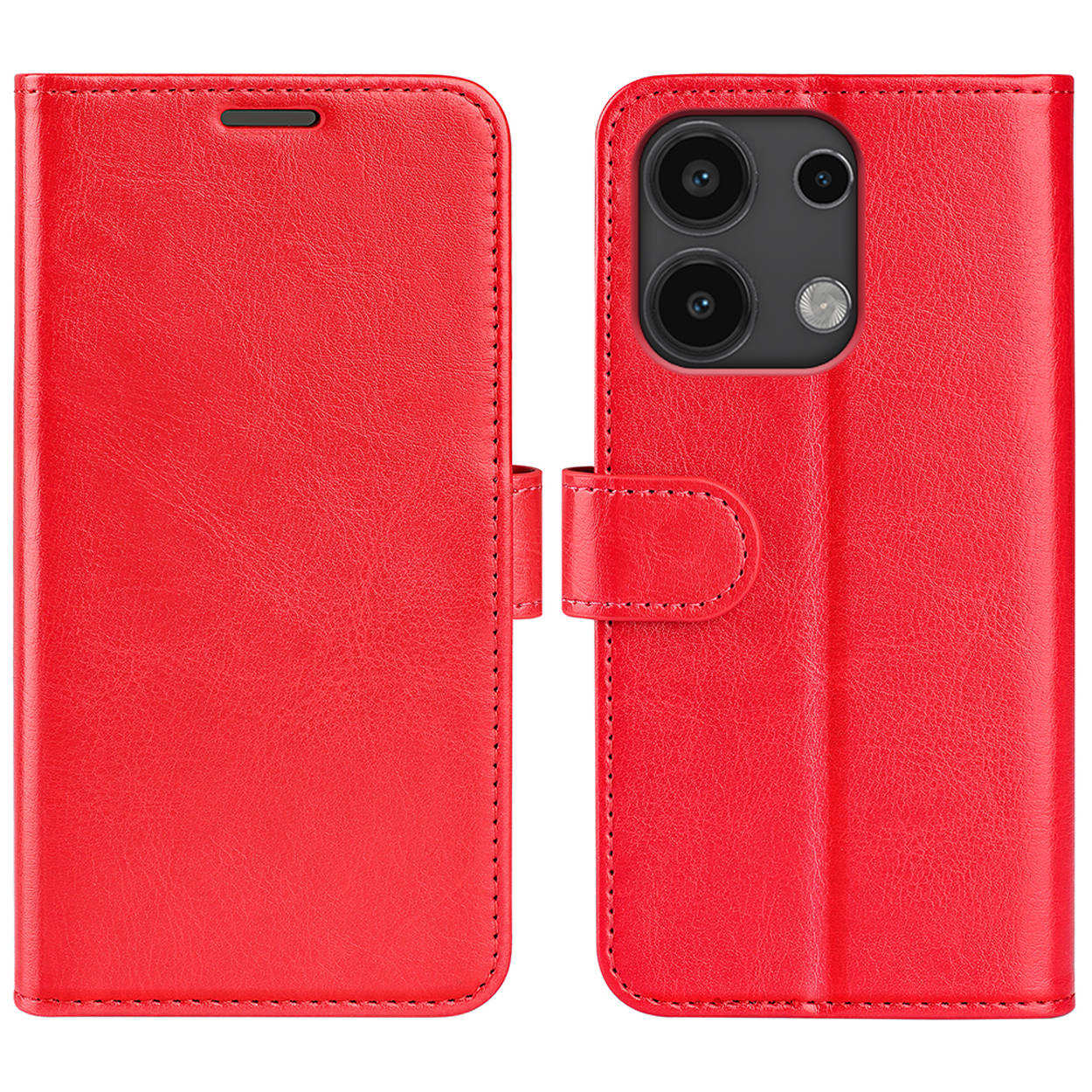 Rode leren telefoonhoes, gesloten, met een magnetische sluiting. De hoes is gemaakt van rood leer met stiksels.