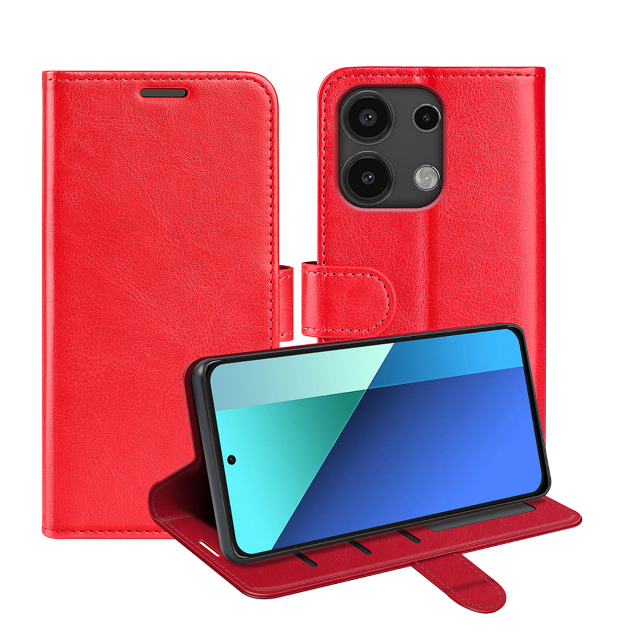Rode telefoonhoes met telefoon erin. Telefoon toont een blauw scherm. Witte achtergrond.