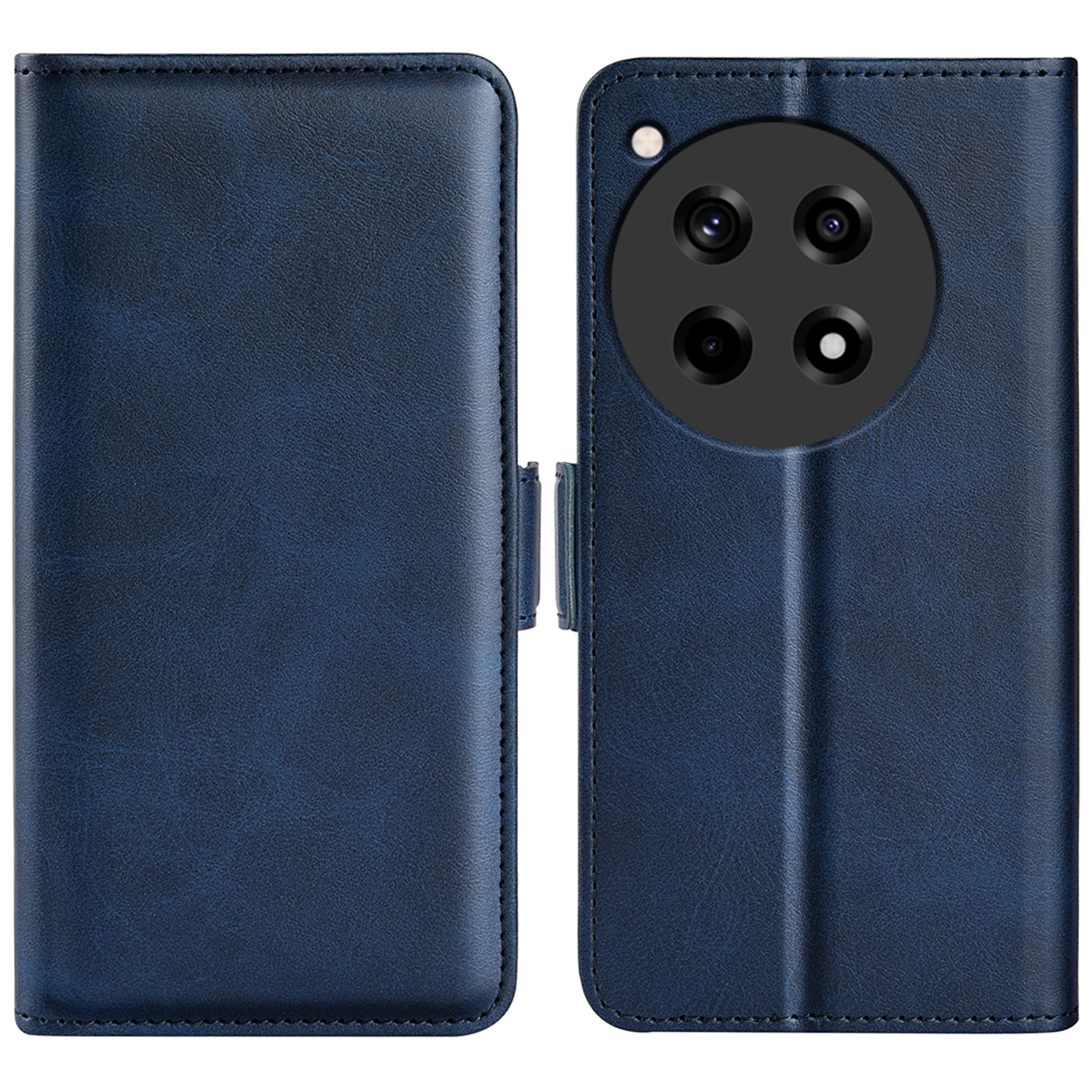 Étui de téléphone bleu, ouvert et fermé. Avec caméra arrière et fermoir magnétique.