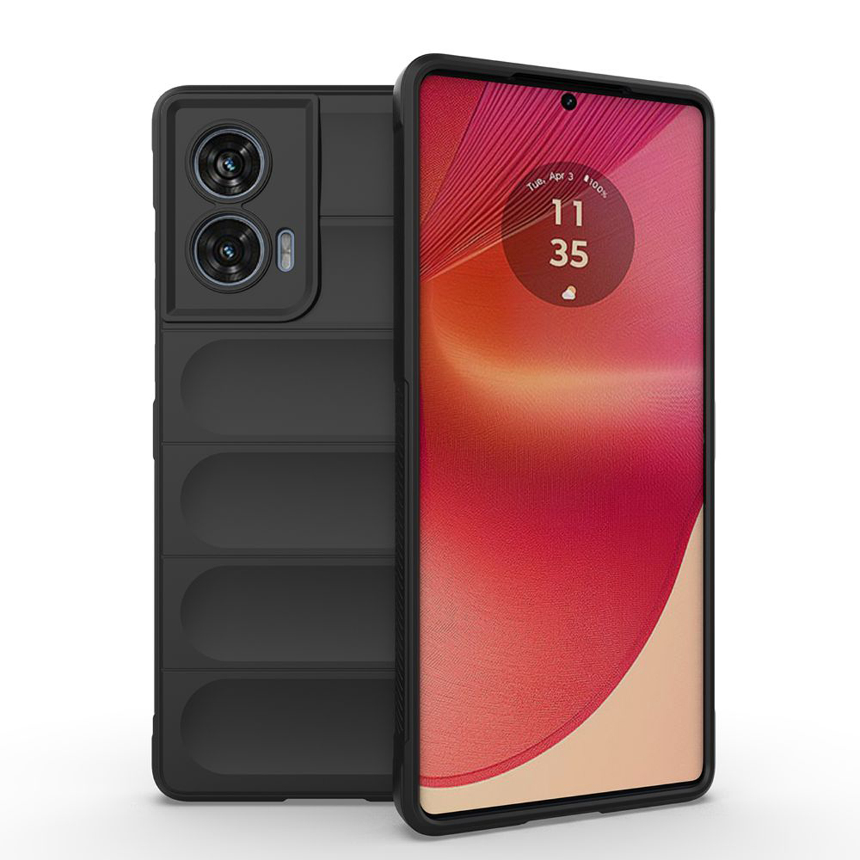 Coque de téléphone noire avec téléphone affichant l'heure. La coque a un design robuste.