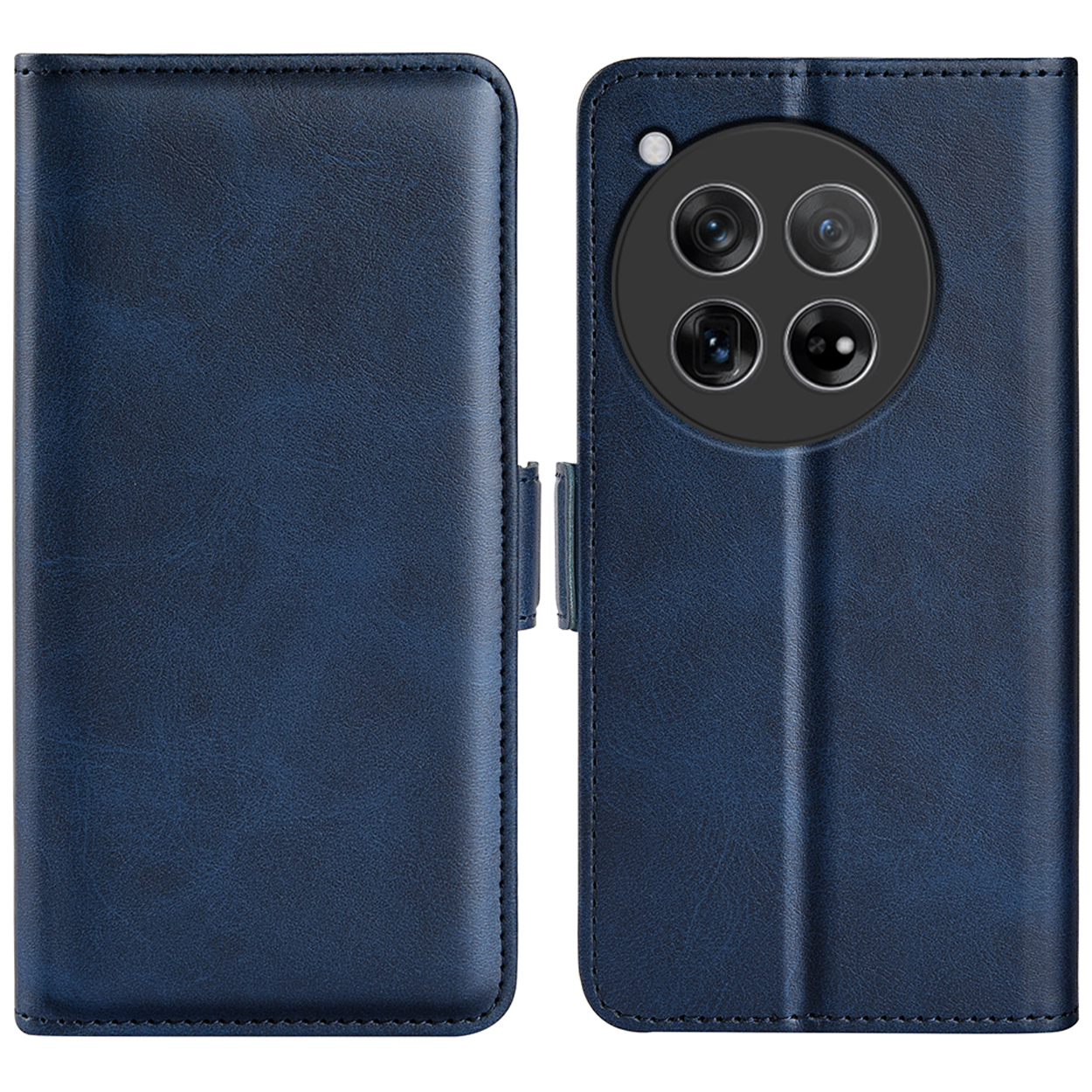 Blauwe leren telefoonhoes open, met telefoon en camera. Hoes heeft een magnetische sluiting.