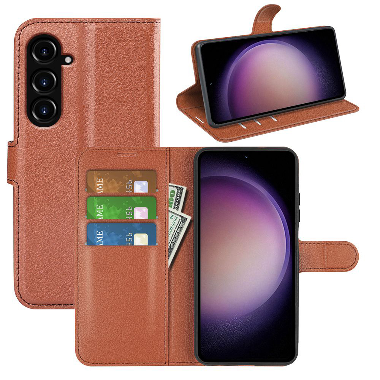 Bruine leren portemonnee telefoonhoes, open met telefoon en kaarten zichtbaar. Geld ook binnen.