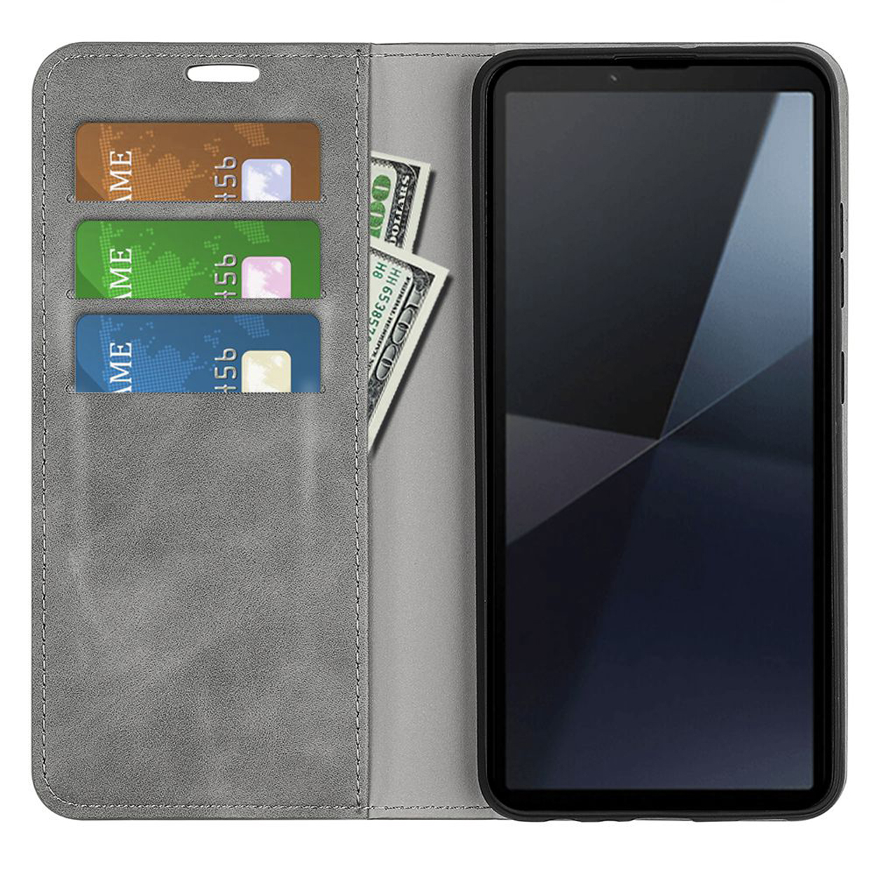 Étui de téléphone gris avec cartes, argent et un écran noir.