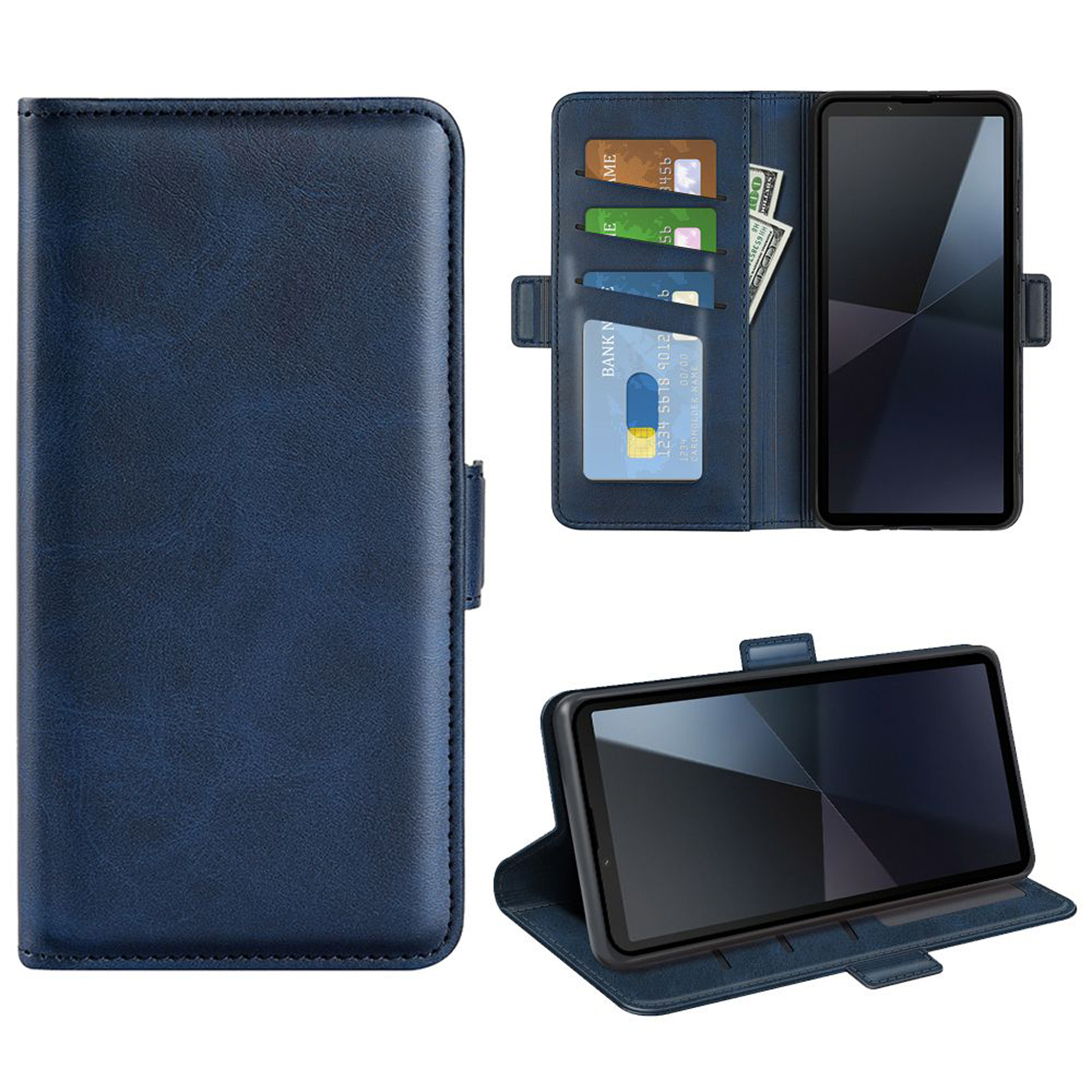Blauwe portemonnee-telefoonhoes, open met telefoon en kaarten erin. Extra weergaven.