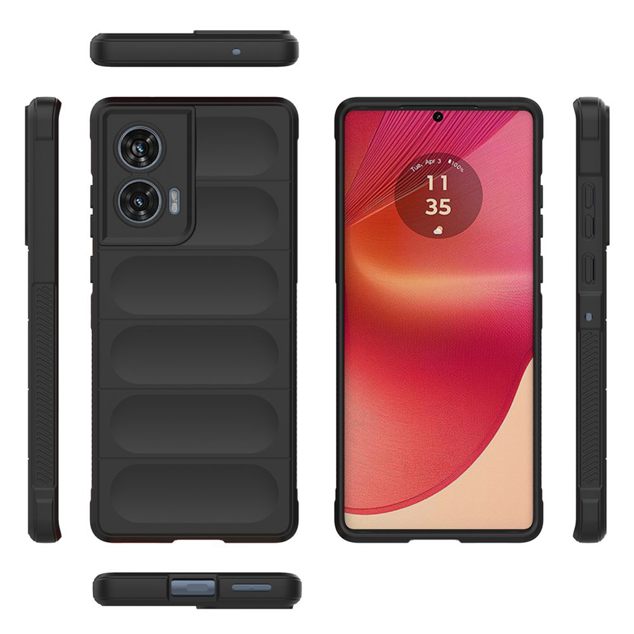 Coque de téléphone noire. Le téléphone affiche un écran rouge et blanc. Plusieurs angles.