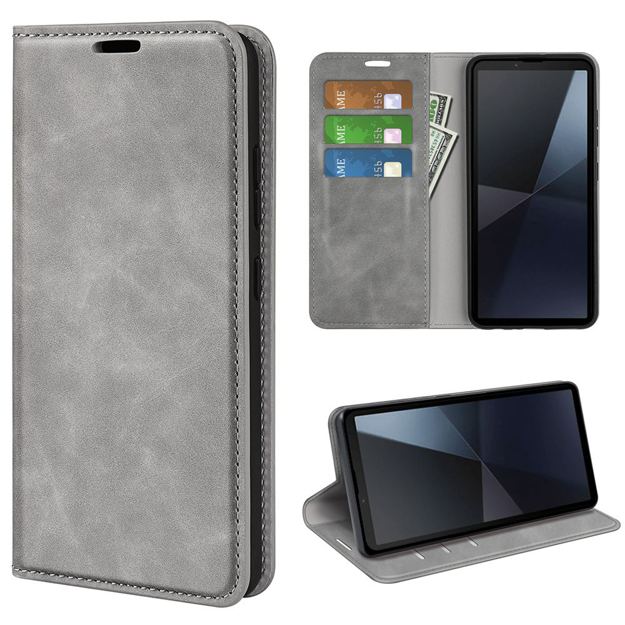 Étui de téléphone gris ouvert, montrant un téléphone, des fentes pour cartes et une tablette en position de support.