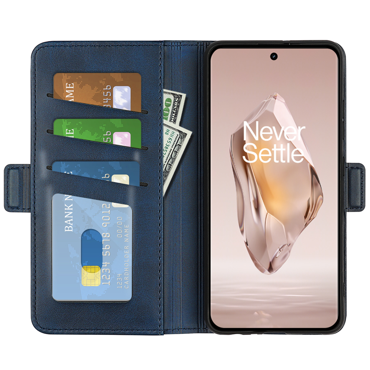 Étui de téléphone en cuir bleu avec cartes, argent et téléphone. Le téléphone affiche le logo Never Settle.