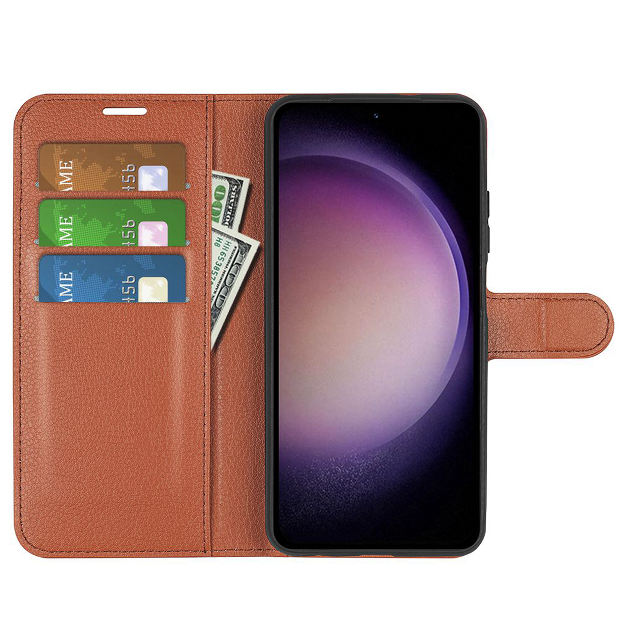 Bruine leren portemonneehoes met telefoon, kaarten en geld.