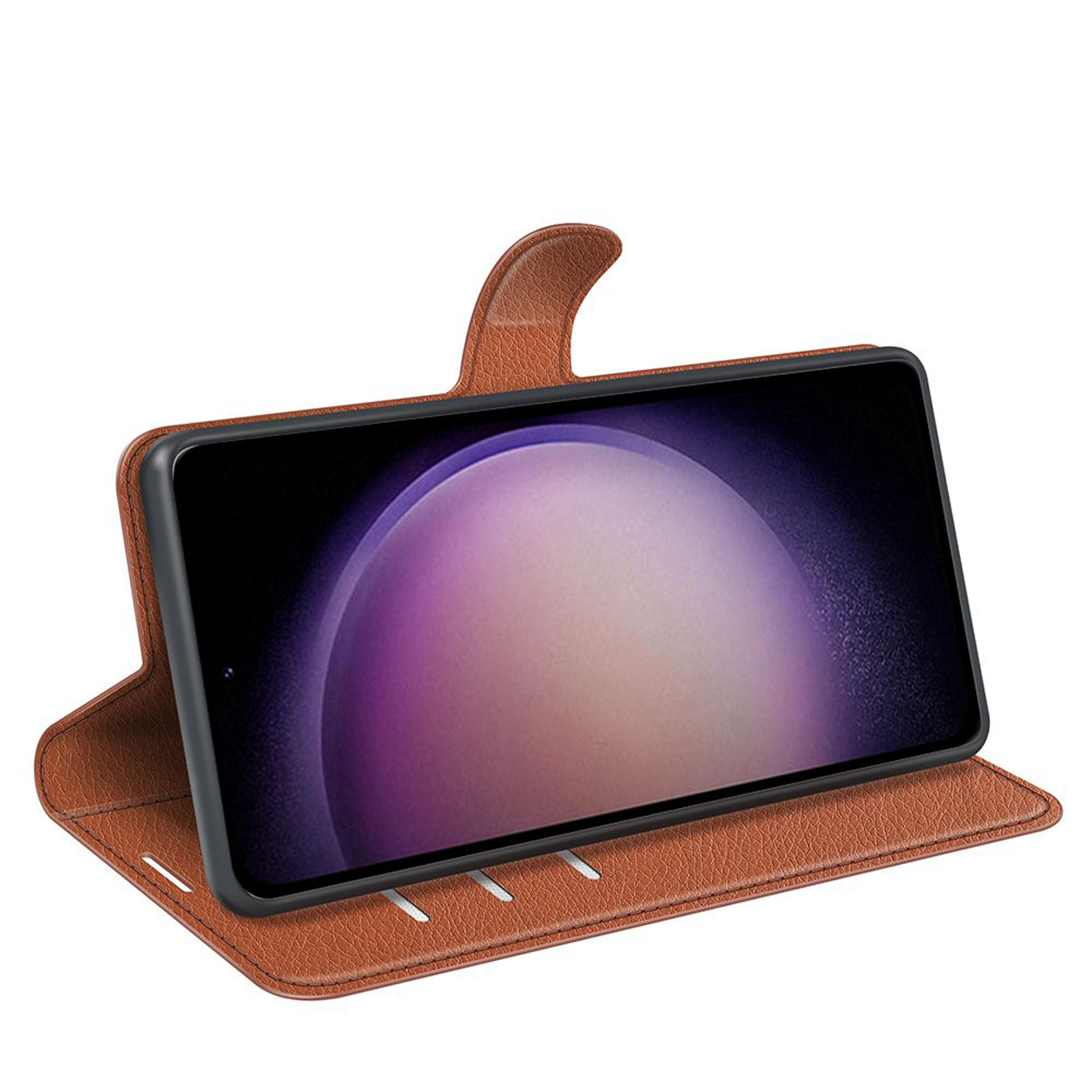 Bruine telefoonhoes met een telefoon erin weergegeven.